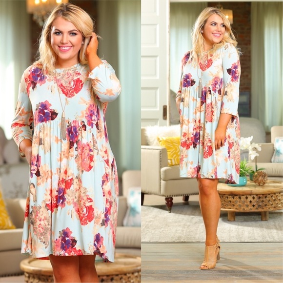SKYE by Infinity Raine Dresses & Skirts - PLUS Mint Floral 3/4 Sleeve Dress
